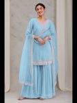 DESIGNER GEORGETTE EMBROIDERY SEQUENCE WORK TOP SHARARA WITH DUPATTA SKY