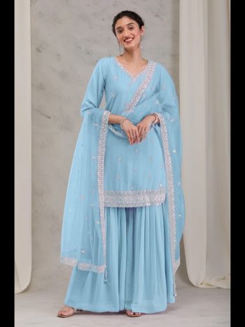 DESIGNER GEORGETTE EMBROIDERY SEQUENCE WORK TOP SHARARA WITH DUPATTA SKY