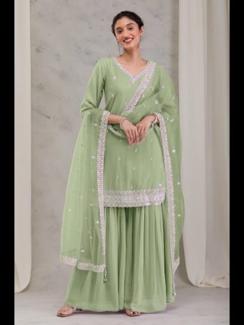 DESIGNER GEORGETTE EMBROIDERY SEQUENCE WORK TOP SHARARA WITH DUPATTA PISTA