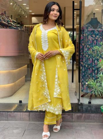 DESIGNER GEORGETTE EMBROIDERY WORK TOP BOTTOM WITH DUPATTA YELLOW