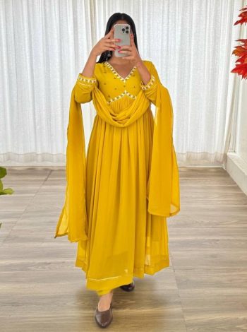 DESIGNER GEORGETTE MOTI HAND WORK ALIA CUT GOWN BOTTOM WITH DUPATTA YELLOW