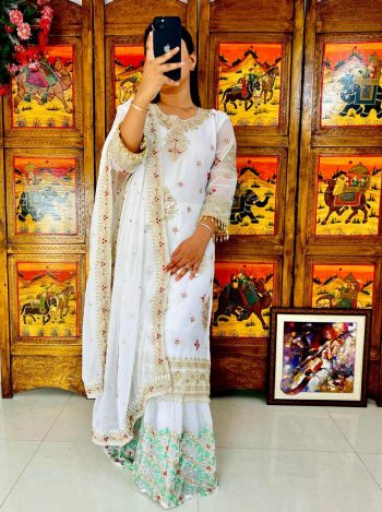 DESIGNER GEORGETTE REAL MIRROR AND ZARI EMBROIDERY WORK TOP SHARARA WITH DUPATTA  WHITE