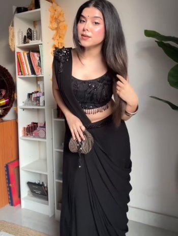 DESIGNER GEORGETTE SEQUENCE AND THREAD WITH FANCY LACE BORDER WORK READY TO WEAR SAREE WITH BLOUSE AND WAIST BELT  BLACK
