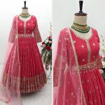 DESIGNER GEORGETTE SEQUENCE EMBROIDERY WORK GOWN BOTTOM WITH DUPATTA AND WAIST BELT WEDDING WEAR WHOLESALE PRICE ETHNIC GARMENT (2)