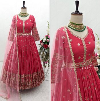 DESIGNER GEORGETTE SEQUENCE EMBROIDERY WORK GOWN BOTTOM WITH DUPATTA AND WAIST BELT  RANI