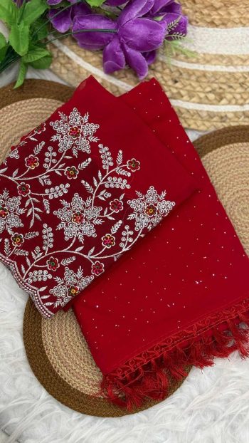 DESIGNER GEORGETTE STONE DIAMOND WITH FANCY ZALAR WORK SAREE WITH UNSTITCHED BLOUSE RED