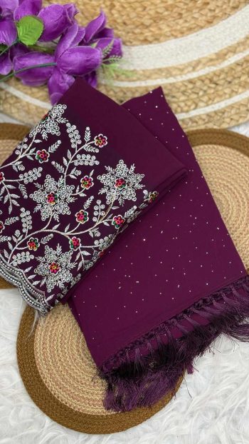 DESIGNER GEORGETTE STONE DIAMOND WITH FANCY ZALAR WORK SAREE WITH UNSTITCHED BLOUSE WINE