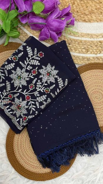DESIGNER GEORGETTE STONE DIAMOND WITH FANCY ZALAR WORK SAREE WITH UNSTITCHED BLOUSE NAVY BLUE