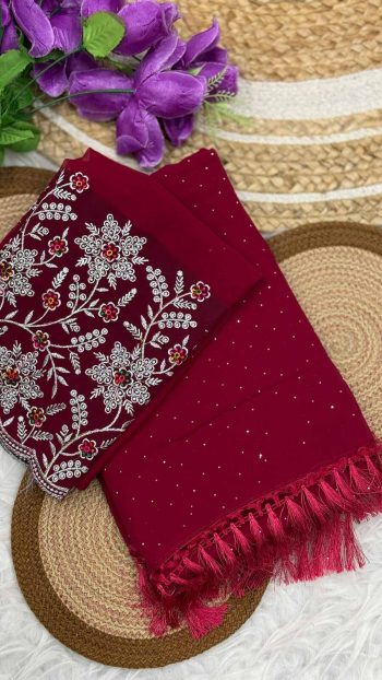 DESIGNER GEORGETTE STONE DIAMOND WITH FANCY ZALAR WORK SAREE WITH UNSTITCHED BLOUSE MAROON