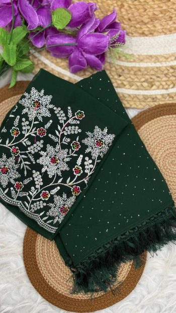 DESIGNER GEORGETTE STONE DIAMOND WITH FANCY ZALAR WORK SAREE WITH UNSTITCHED BLOUSE GREEN