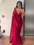DESIGNER GEORGETTE THREAD AND SEQUENCE WORK WITH FANCY LATKAN SAREE WITH UNSTITCHED BLOUSE  RED