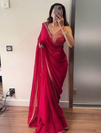 DESIGNER GEORGETTE THREAD AND SEQUENCE WORK WITH FANCY LATKAN SAREE WITH UNSTITCHED BLOUSE  RED