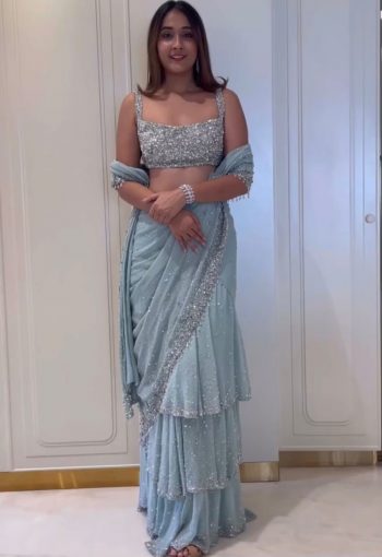 DESIGNER GEORGETTE THREAD WITH SEQUENCE  WORK LEHENGA SAREE WITH BLOUSE  SKY