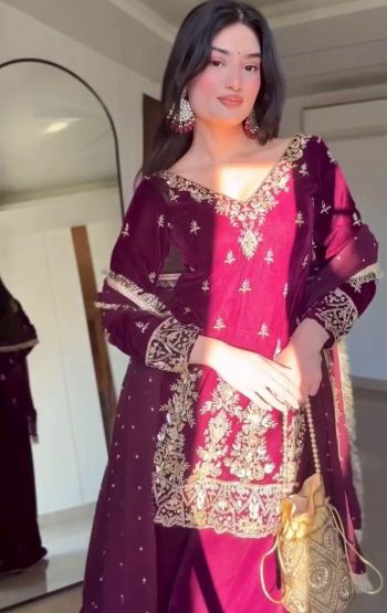 DESIGNER GEORGETTE THREAD  WITH SEQUENCE WORK TOP PALAZZO WITH DUPATTA MAROON