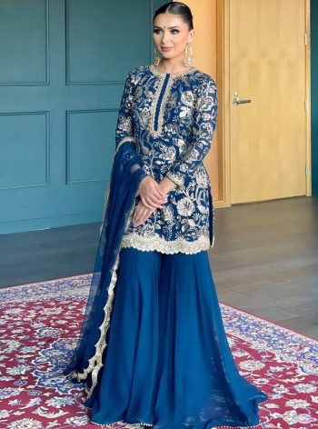 DESIGNER GEORGETTE THREAD WITH SEQUENCE WORK TOP SHARARA WITH DUPATTA  BLUE