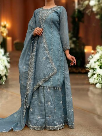 DESIGNER GOLD CRUSH EMBROIDERY SEQUENCE THREAD AND READY MADE LACE WORK TOP PALAZZO WITH DUPATTA SKY