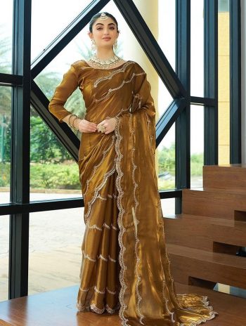 DESIGNER JIMMY CHOO EMBROIDERY SEQUENCE WORK SAREE WITH UNSTITCHED BLOUSE CHIKU