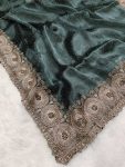 DESIGNER JIMMY CHOO EMBROIDERY WORK WITH CUT WORK BORDER AND DIAMOND WORK SAREE WITH UNSTITCHED BLOUSE  TEAL