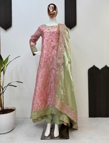 DESIGNER JIMMY CHOO SEQUENCE EMBROIDERY WORK GOWN BOTTOM WITH DUPATTA BABY PINK