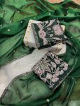 DESIGNER JIMMY CHOO SILK EMBROIDERY SEQUENCE WOR BORDER AND SEQUENCE BUTTI WORK  SAREE WITH UNSTITCHED BLOUSE  GREEN