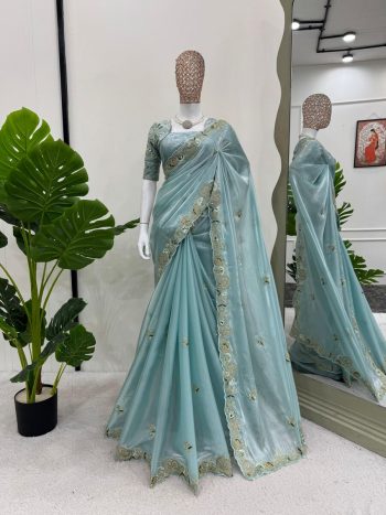 DESIGNER JIMMY CHOO THREAD WITH SEQUENCE WORK SAREE WITH UNSTITCHED BLOUSE SKY