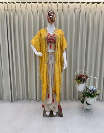 DESIGNER MONO SILK SEQUENCE EMBROIDERY AND LATKAN WORK TUBE BLOUSE DRAPE SKIRT WITH SHRUG  YELLOW
