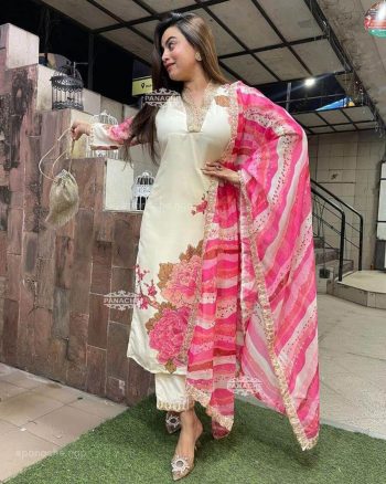 DESIGNER MUSLIN SILK PRINTED EMBROIDERY SEQUENCE WORK TOP BOTTOM WITH DUPATTA CREAM