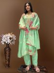 DESIGNER ORGANZA DIGITAL PRINTED EMBROIDERY CODING SEQUENCE WORK TOP BOTTOM WITH DUPATTA SEA GREEN