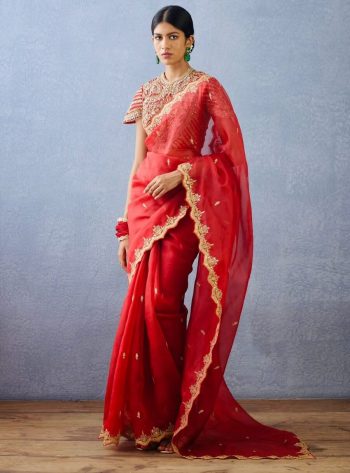 DESIGNER ORGANZA SILK THREAD WITH SEQUENCE WORK SAREE WITH UNSTITCHED BLOUSE RED