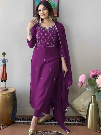 DESIGNER RAYON SLUB EMBROIDERY WORK TOP BOTTOM WITH DUPATTA PURPLE