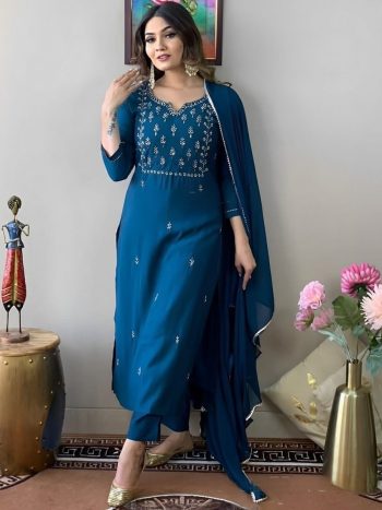 DESIGNER RAYON SLUB EMBROIDERY WORK TOP BOTTOM WITH DUPATTA BLUE