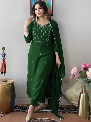 DESIGNER RAYON SLUB EMBROIDERY WORK TOP BOTTOM WITH DUPATTA GREEN