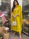 DESIGNER ROMAN SILK EMBROIDERY WORK TOP BOTTOM WITH DUPATTA YELLOW