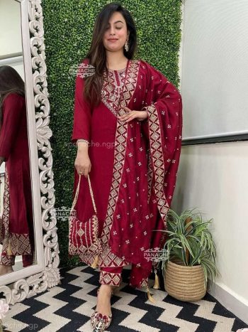 DESIGNER ROMAN SILK ZARI AND JACQUARD WORK WITH LINING WORK TOP BOTTOM WITH DUPATTA  MAROON