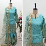 DESIGNER SATIN SILK SEQUENCE EMBROIDERY WORK TOP SHARARA WITH DUPATTA  SKY