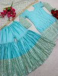 DESIGNER SATIN SILK SEQUENCE EMBROIDERY WORK TOP SHARARA WITH DUPATTA FESTIVE WEAR WHOLESALE PRICE ETHNIC GARMENT (4)