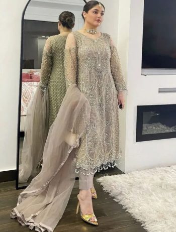 DESIGNER SOFT NET EMBROIDERY SEQUENCE WITH STONE AND FANCY LACE WORK TOP BOTTOM WITH DUPATTA GREY