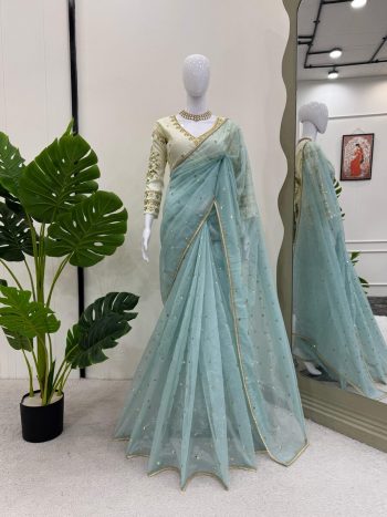 DESIGNER TWILL NET  THREAD SEQUENCE WORK SAREE WITH STITCHED BLOUSE SKY
