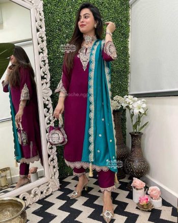 DESIGNER VICHITRA SILK EMBROIDERY CODING WORK TOP BOTTOM WITH DUPATTA AND BATWA MAROON