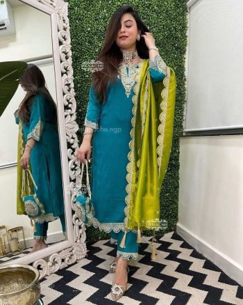DESIGNER VICHITRA SILK EMBROIDERY CODING WORK TOP BOTTOM WITH DUPATTA AND BATWA RAMA