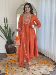 DESIGNER VICHITRA SILK EMBROIDERY SEQUENCE WORK GOWN BOTTOM WITH DUPATTA ORANGE