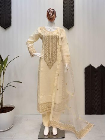 DESIGNR ROMAN SILK EMBROIDERY SEQUENCE WORK TOP BOTTOM WITH DUPATTA OFF WHITE