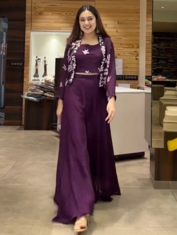 FANCY CHINON EMBROIDERY AND LACE WORK KOTI WITH BLOUSE PALAZZO  WINE
