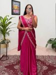 FANCY CHINON EMBROIDERY LACE BORDER WORK READY TO WEAR SAREE WITH STITCHED BLOUSE  RANI