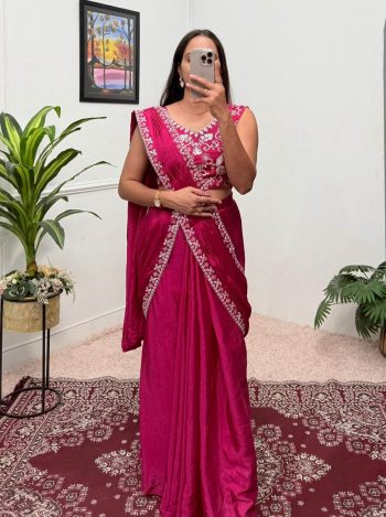 FANCY CHINON EMBROIDERY LACE BORDER WORK READY TO WEAR SAREE WITH STITCHED BLOUSE  RANI