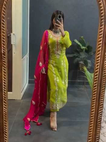 FANCY CHINON EMBROIDERY SEQUENCE WORK TOP BOTTOM WITH DUPATTA PARROT GREEN