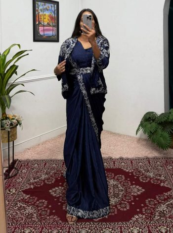 FANCY CHINON EMBROIDERY WORK SAREE STITCHED BLOUSE WITH KOTI AND BELT NAVY BLUE