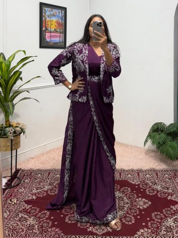 FANCY CHINON EMBROIDERY WORK SAREE STITCHED BLOUSE WITH KOTI AND BELT WINE