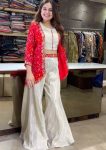FANCY CHINON EMBROIDERY  WORK TUBE BLOUSE PALAZZO WITH BANDHNI PRINTED KOTI  RED
