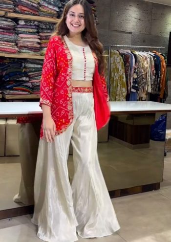 FANCY CHINON EMBROIDERY  WORK TUBE BLOUSE PALAZZO WITH BANDHNI PRINTED KOTI  RED